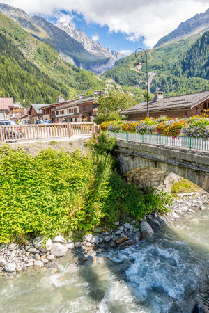 ARGENTIERE, FRANCE - AUGUST 27,2014 - View at the Argentiere village in France.Argentiere is a picturesque skiing, alpine walking and mountaineering village in the French Alps, part of the commune of Chamonix Mont Blanc.のeditorial素材
