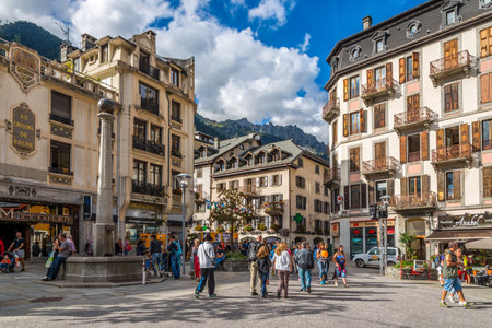 CHAMONIX, FRANCE - AUGUST 27,2014 - In the streets of Chamonix. Chamonix is situated near the massive peaks of the Aiguilles Rouges and most notably the Aiguille du Midi.のeditorial素材