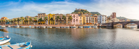 BOSA,ITALY - SEPTEMBER 20,2014 - Panoramic view at embankment of Bosa in Sardinia.Bosa is a picturesque town with a river Temo and colorful houses.のeditorial素材