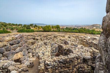 BARUMINI,ITALY - SEPTEMBER 20,2014 - View from Su Nuraxi nuraghe near Barumini in Sardinia.Su Nuraxi is a settlement consisting by a Nuraghe, dating from the seventeenth century BCE, a bastion of four corner towers plus a central one.のeditorial素材