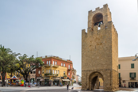 ORISTANO,ITALY - SEPTEMBER 20,2014 - Belltower of Oristano in Sardinia. Was built in 1290, is 19 metres tall and the most striking remaining evidence of the old walls.のeditorial素材