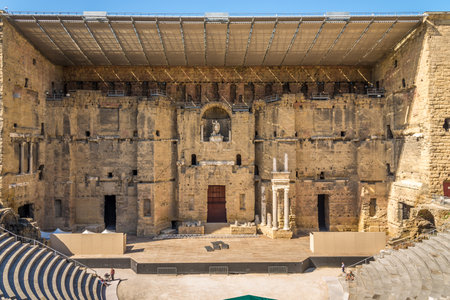 ORANGE,FRANCE - AUGUST 29,2015 - Ancient Roman theatre in Orange.Roman Orange was founded in 35 BC by veterans of the Second legion.The name was originally unrelated to that of the orange fruit.のeditorial素材
