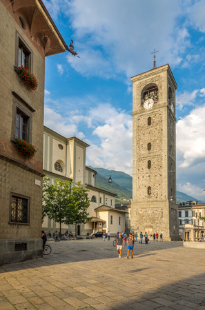 SONDRIO,ITALY - SEPTEMBER 1,2015 - Tower of Collegiata church in Sondrio. Sondrio is an Italian town and comune located in the heart of the Valtellina valley.のeditorial素材