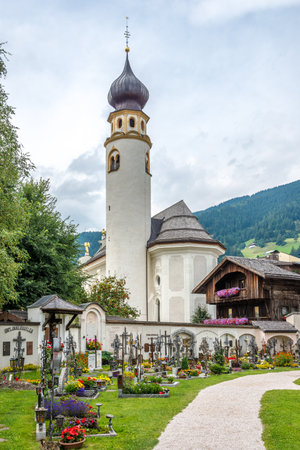 SAN CANDIDO, ITALY - SEPTEMBER 3.2015 - View at the church belltower of San Michele in San Candido. San Candido is Located in the Puster Valley on the Drava River, about 80 kilometers northeast of Bolzano.のeditorial素材