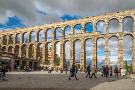SEGOVIA,SPAIN - APRIL 22,2016 - The Aqueduct of Segovia. It is a Roman aqueduct and one of the most significant and best-preserved ancient monuments left on the Iberian Peninsula.のeditorial素材