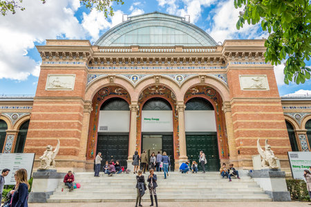 MADRID,SPAIN - APRIL 24,2016 - Entrance to Velazquez Palace in Retiro park of Madrid.  It was built between 1881 and 1883, for the National Exhibition.のeditorial素材