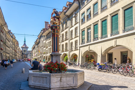 BERN,SWITZERLAND - AUGUST 26,2016 - Kramgasse street with fountains in Bern. Bern is capital of Switzerland.のeditorial素材