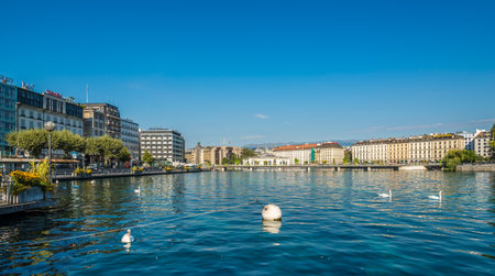 GENEVA,SWITZERLAND - AUGUST 27,2016 - Rhone River flowing out of Lake Geneva. Geneva is a global...