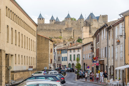 CARCASSONNE,FRANCE - AUGUST 29,2016 - In the streets of Carcassonne City. Carcassonne is a fortified French town in the Aude department.のeditorial素材