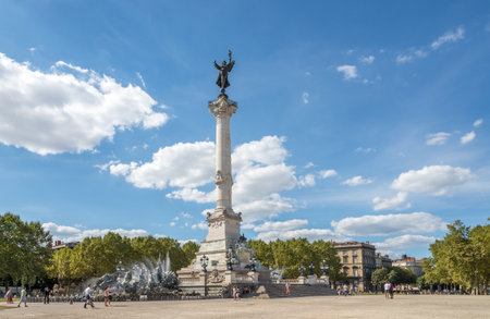 BORDEAUX,FRANCE - AUGUST 31,2016 - Fountain with Column of Girodinos in Bordeaux. Bordeaux is the worlds major wine industry capital.のeditorial素材