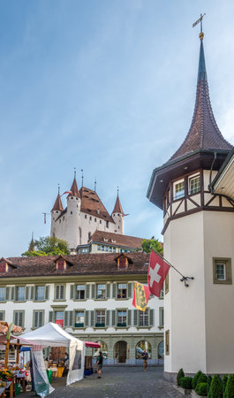 THUN,SWITZERLAND - SEPTEMBER 3,2016 - Castle Thun above market place of Thun town. Thun is a town and a municipality in the administrative district of Thun in the canton of Bern in Switzerland.のeditorial素材