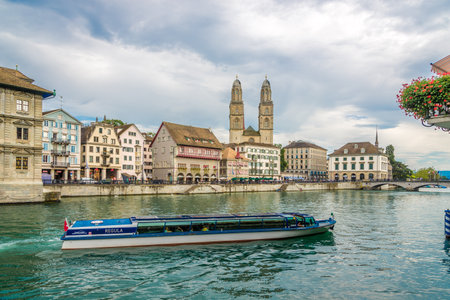 ZURICH,SWITZERLAND - SEPTEMBER 3,2016 - View at the Bank of the river Limmat in Zurich. Zurich is the largest city in Switzerland.のeditorial素材