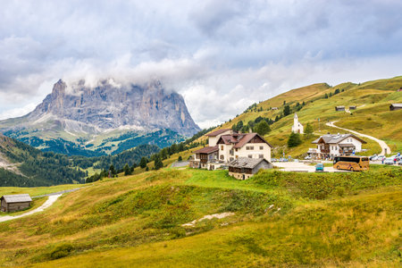 GARDENA PASS,ITALY - SEPTEMBER 16,2016 - View at the Gardena Pass in Dolomites of Italy.Gardena Pass is a high mountain pass in the Dolomites of the South Tyrol with elevation of 2,136 mのeditorial素材