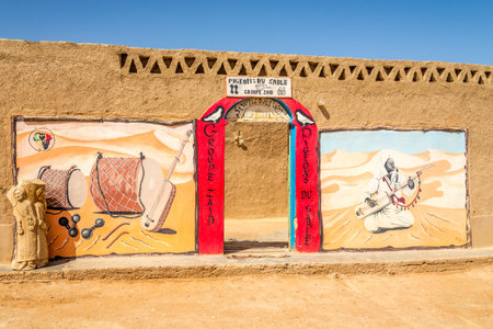 Merzouga, Morocco - APRIL 4.2017 - Gate Where to house concerts are held of Gnawa (Gnaoua) music. The Center for Essaouira Gnawa music is in the south of Morocco.のeditorial素材