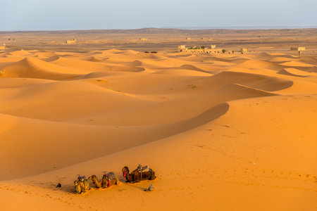 ERG CHEBBI, MOROCCO - APRIL 4,2017 - Sand dunes of Sahara desert in area Erg Chebbi (Merzouga).The dunes of Erg Chebbi reach a height of up to 150 meters.のeditorial素材