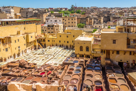 FEZ, MAROKO - APRIL 6,2017 - Chouwara Tannery in the old Medina of Fez. Fez city has been namedのeditorial素材