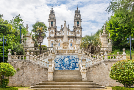 Azulejo decorated stairway to the Sanctuary of Our Lady of Remedios in Lamego - Portugalの写真素材