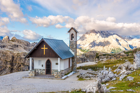 DOLOMITES,ITALY - SEPTEMBER 15,2017 - Cappella degli Alpini - Chapel at the southern side of Tre Cime di Lavaredo in Dolomites. The Dolomites are a mountain range located in northeastern Italy.のeditorial素材