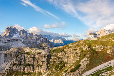 DOLOMITES,ITALY - SEPTEMBER 15,2017 - View at the nature with hut in Dolomites. The Dolomites are a mountain range located in northeastern Italy.のeditorial素材
