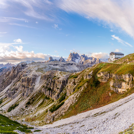 DOLOMITES,ITALY - SEPTEMBER 15,2017 - View at the nature with hut in Dolomites. The Dolomites are a mountain range located in northeastern Italy.のeditorial素材