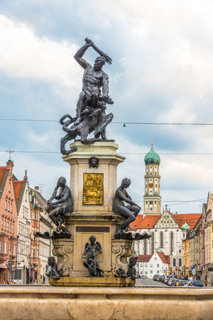AUGSBURG, GERMANY - MAY 23,2018 - Fountain of Hercules in the streets of Augsburg. Augsburg is the third-largest city in Bavaria.のeditorial素材