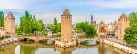 STRASBOURG,FRANCE - MAY 15,2018 - Panoramic view at the Towers of Ponts Couverts in Strasbourg. Strasbourg is the capital and largest city of the Grand Est region of France and is the official seat of the European Parliament.のeditorial素材