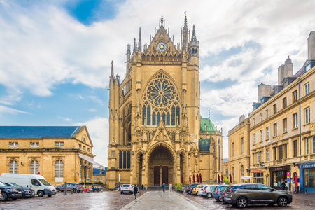 METZ,FRANCE - MAY 16,2018 - View at cathedral of Saint Stephen from Place of Jean Paul 2 in Metz....