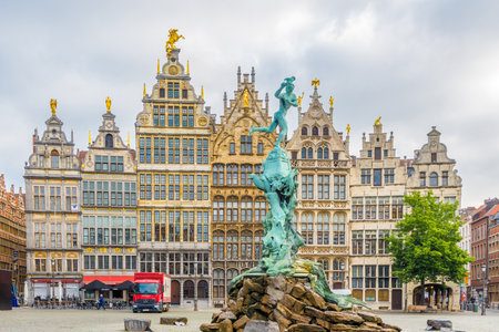 ANTWERP,BELGIUM - MAY 18,2018 - Brabo monument with Gildhouses at the Grote markt in Antwerp. Antwerp is a city in Belgium, and is the capital of Antwerp province in Flanders.のeditorial素材