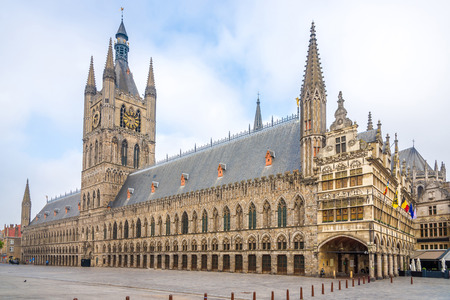 View at the Cloth hall and City hall at the Grote markt of Ypres - Belgiumの写真素材