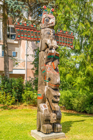 DUNCAN, CANADA - JULY 5,2018 - View of totems in Duncan.
