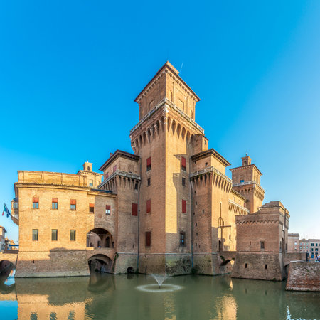 View at the Estense Castle with moat in Ferrara, Italyのeditorial素材