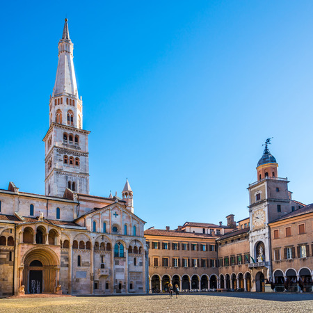 View at the Grande place with Ghirlandina tower of Cathedral and City hall in Modena, Italyの写真素材