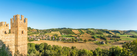 Panoramic view of the nature near Castell'Arquato and Castle of Rocca Viscontea - Italyのeditorial素材