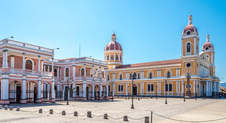 Town sqaure of Granada with Cathedral Our Lady of the Assumption in Granada, Nicaraguaの写真素材