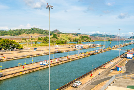 PANAMA CITY,PANAMA - MARCH 29,2019 - View from Miraflores Visitors Center at the Miraflores Locks of the Pacific side.The Panama Canal is an artificial 82 km waterway in Panama that connects the Atlantic Ocean with the Pacific Ocean.のeditorial素材