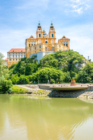 View at the Benedictin Abbey with Danube river in Melk, Austriaのeditorial素材