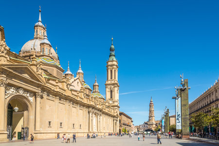 ZARAGOZA,SPAIN - MAY 11,2019 - View at the Basilica of Our Lady of the Pillar in Zaragoza. Zaragoza is the capital city of the Zaragoza province and of the autonomous community of Aragon.のeditorial素材
