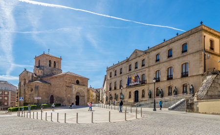 SORIA,SPAIN - MAY 12,2019 - View at the Provincial Administration Palace with San Juan de Rabanera church in Soria. Soria is the second highest provincial capital in Spain ,1063 metres above sea level.のeditorial素材