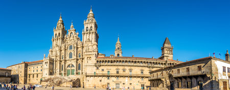 SANTIAGO DE COMPOSTELA,SPAIN - MAY 14,2019 - Panoramic view at the Obradoiro place in Santiago de Compstela. Santiago de Compostela is the capital of the autonomous community of Galicia, in northwestern Spain.のeditorial素材