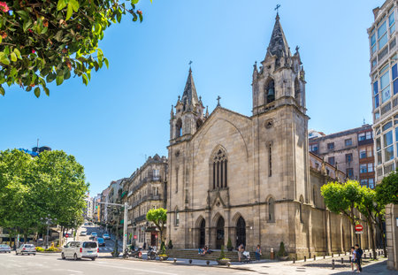 VIGO,SPAIN - MAY 14,2019 - View at the Santiago church in the streets of Vigo. Vigo is the capital of the county of Vigo and Vigo metropolitan area.のeditorial素材
