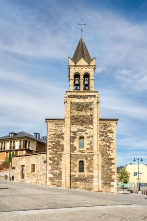 PONFERRADA,SPAIN - MAY 15,2019 - View at the Church of San Andreas in Ponferrada. Ponferrada lies on Sil River and it is completely surrounded by mountains.のeditorial素材