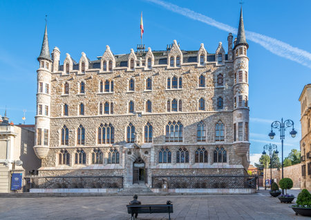 LEON,SPAIN - MAY 16,2019 - View at the Botines palace at San Marcelo place in Leon. Leon is the capital of the province of Leon, located in the northwest of Spain.のeditorial素材