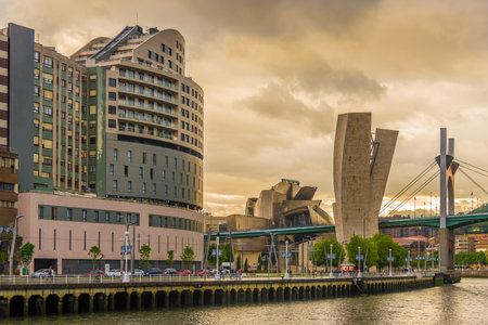 BILBAO,SPAIN - MAY 17,2019 - View at the Embankment of Nervion river in Bilbao. Bilbao is a city in northern Spain, the largest city in the province of Biscay and in the Basque Country as a whole.のeditorial素材
