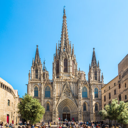 BARCELONA,SPAIN - MAY 20,2019 - View at the Facade of Cathedral in Barcelona. Barcelona is the capital and largest city of the autonomous community of Catalonia in Spainのeditorial素材
