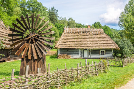 SANOK,POLAND - AUGUST 15,2019 - View at the Wooden houses of Rural Architecture Museum in Sanok. The Rural Architecture Museum of Sanok is one of the biggest open-air museums in Poland.のeditorial素材