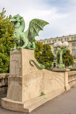 LJUBLJANA,SLOVENIA - SEPTEMBER 1,2019 - Decoration of Dragon bridge over Ljubljanica river in Ljubljana. Ljubljana is the capital and largest city of Slovenia.のeditorial素材