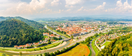Panoramic view at the Celje Town from Old Castle of Celje - Sloveniaのeditorial素材