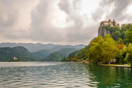 View at the Lake of Bled with Bled Castle and Church of Assumption of Mary in background - Sloveniaのeditorial素材