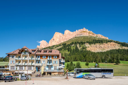 COSTALUNGA,ITALY - SEPTEMBER 4,2019 - At the Costalunga Pass in Italian Dolomites. Costalunga Pass (1745 m) is a high mountain pass in the province of South Tyrol in Italy.のeditorial素材
