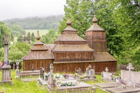 PRIKRA,SLOVAKIA - JUNE 9,2020 - View at the Wooden Church of Saint Michael Archangel in village Prikra. The temple was built in 1777.のeditorial素材